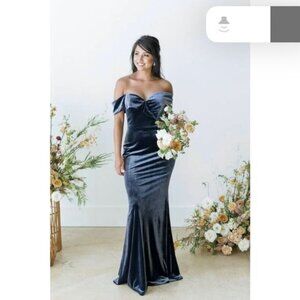 Revelry Bardot Velvet off-shoulder BridesmaidsDress Light blue Size 10